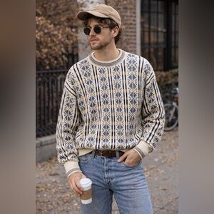 Cambridge Dry Goods VINTAGE Patterned Cream and Blue Sweater